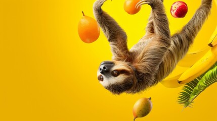 Fototapeta premium A sloth hanging upside down juggling fruits against a bright yellow solid background illustrated in a whimsical cartoonish style