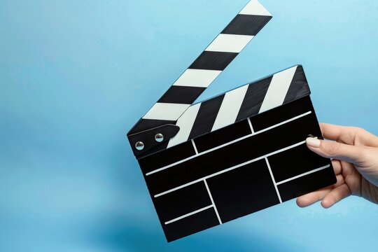Person holding a cinema clapperboard, cinematographic production, blue background.