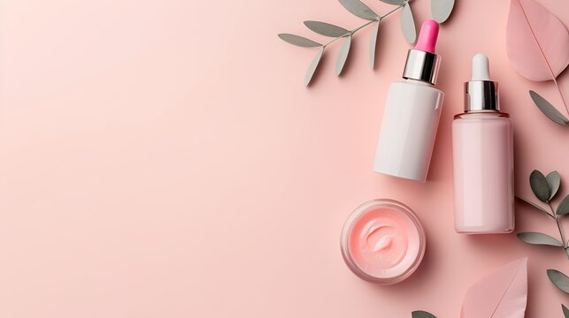Cosmetic products at pink background. Top view image with copy space.