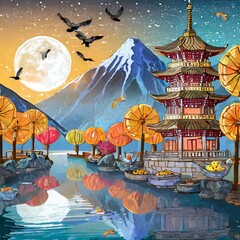 chinese temple in the moonlight