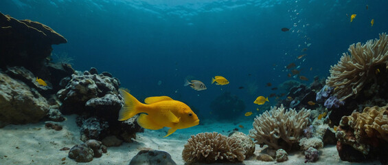 Fototapeta na wymiar Vibrant Yellow Fish Swimming Among Coral Reefs in a Serene Underwater Landscape