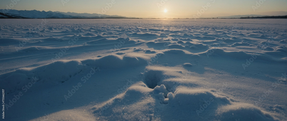 Sticker Snow Covered Field With Sun in Distance