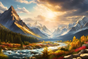Foto auf Glas Landscape of Two Mountains and River (PNG 6912x4608) © CreativityMultiverse