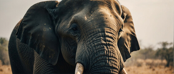 Majestic Elephant With Tusks in Field - obrazy, fototapety, plakaty