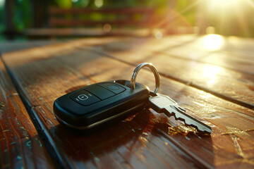 a car key on a wood table - obrazy, fototapety, plakaty