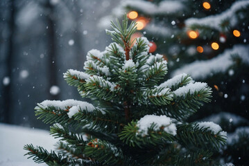 Snow-Covered Pine Tree With Christmas Lights
