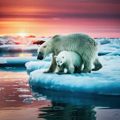 Fototapeten A mother polar bear with her cub looking at the plastic waste floating in the sea © John