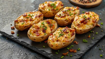 Loaded potato skins chives and bacon bits