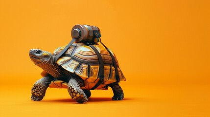 A tortoise with a jetpack strapped on ready for takeoff against a bright orange solid background infusing a slow creature with speed in a funny way