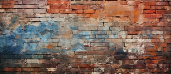 An old red brick wall displays a textured surface, with blue and white paint brushing across its rugged exterior. The contrast of colors pops against the weathered bricks, adding a dynamic element to