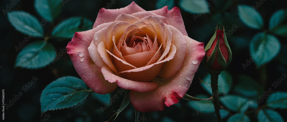 Wall mural pink rose with water droplets