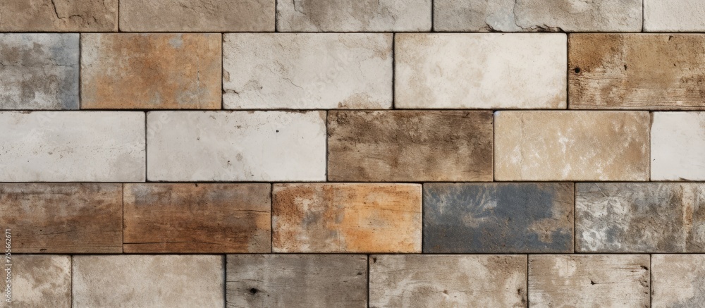 Poster a detailed view of a wall constructed with an assortment of differently colored bricks, showcasing a