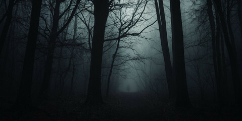 Misty Forest at Twilight With Eerie Atmosphere and Bare Trees - obrazy, fototapety, plakaty
