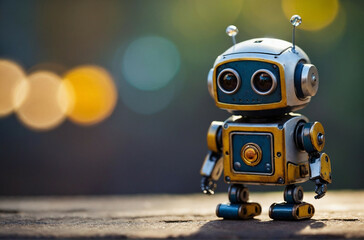 Fototapeta premium Charming Small Robot Standing Alone on a Sunny Day With Soft Bokeh Background