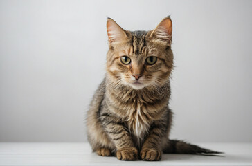 Obraz premium Alert Tabby Cat Sitting Elegantly Against a White Studio Background