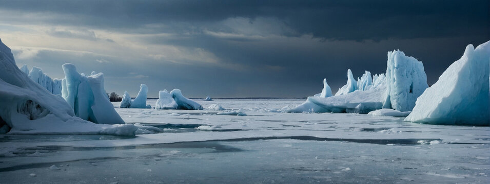 A Group of Icebergs Floating on Top of a Body of Water