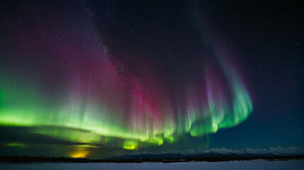 Stunning Aurora Borealis Dancing Over Snow-Capped Mountains at Night