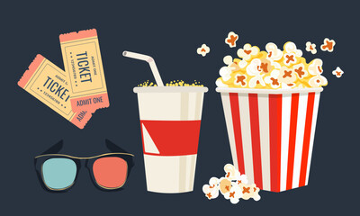 Set of icons for cinema with popcorn, drink, tickets and 3d glasses. Cinema time. Vector image . Isolated on dark background