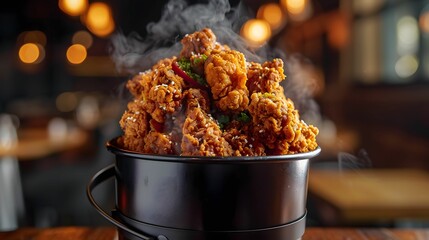Overflowing bucket of crispy fried chicken