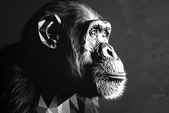 a black and white image of a chimpanzee