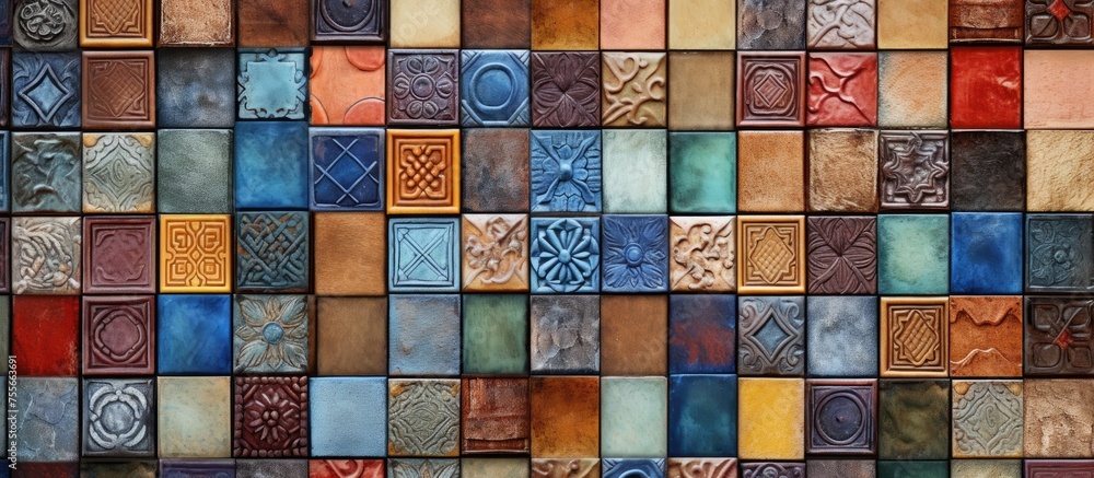 Aufkleber a wall covered in ceramic tiles of varying colors, creating a vibrant and eye-catching display. the 