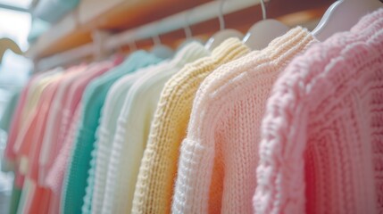 Close-up view of a variety of colorful youth cashmere sweaters and hoodies on a clothes rack, highlighting the detailed textures and candy pastel colors.
