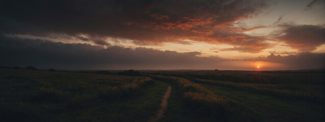 The Sun Sets Over a Grassy Field