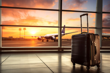 suitcase with airport on background