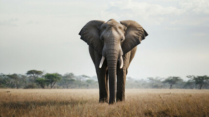 Fototapeta na wymiar Elephant Standing in Field With Trees