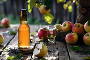 Be Siparan Apple Beer Bottle on Wooden Table in Impressionistic Garden Setting