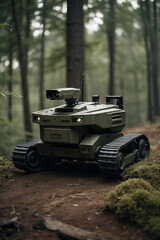 Fototapeta premium Autonomous Military Robot Patrolling a Dense Forest Trail