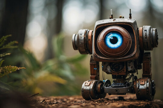 Toy Robot With Blue Eyes in the Woods