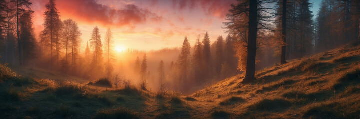 Obraz premium Serene Sunrise Over a Misty Forest