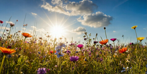 Colorful Flower Meadow Under Blue Sky - obrazy, fototapety, plakaty