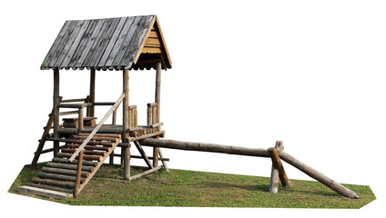 Homemade children's wooden playground made of logs isolated