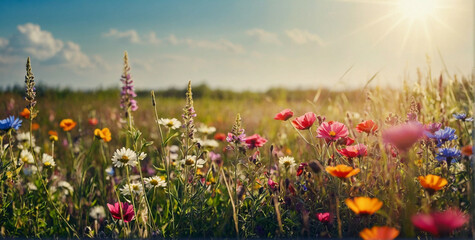 Obraz premium Vibrant Flower Field Under Blue Sky