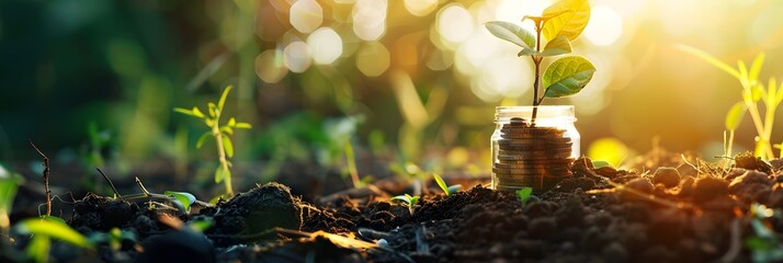 Coins Growing from the Ground with Plants, To convey a message of financial growth and environmental sustainability - obrazy, fototapety, plakaty