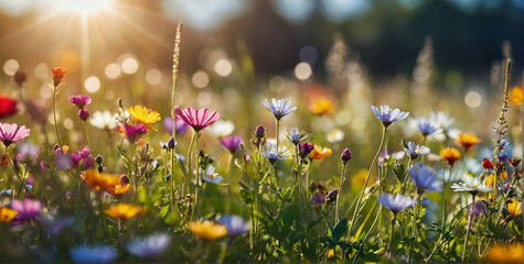 Bright Wildflower Field With Sunlight - obrazy, fototapety, plakaty