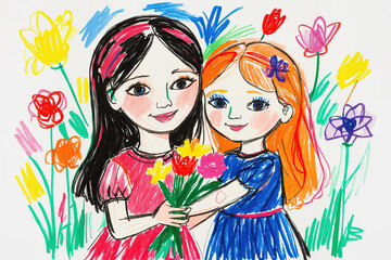 Obraz na płótnie Canvas daughter give flowers to mother - mothers day card kid crayon drawing