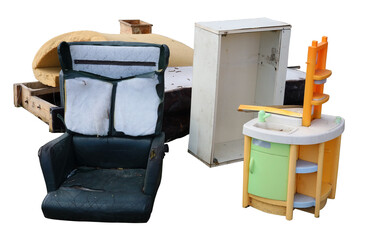 Old broken furniture in a garbage dump isolated