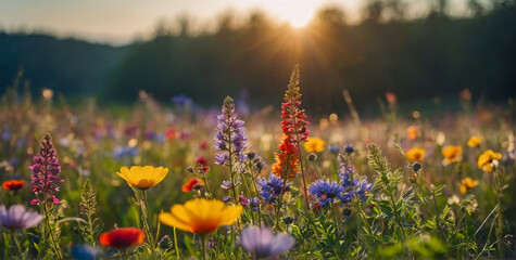 Vibrant Wildflower Field With Sun in Background - obrazy, fototapety, plakaty