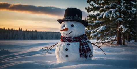 Snowman With Hat and Scarf in Snow