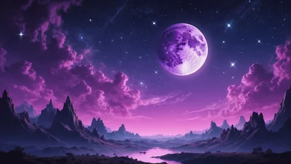 Rolgordijnen Purple Sky With Mountains and Moon © @uniturehd