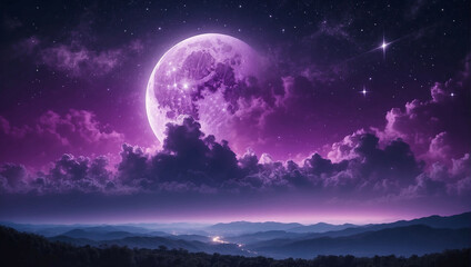 Full Moon Illuminating Mountain Range in Night Sky