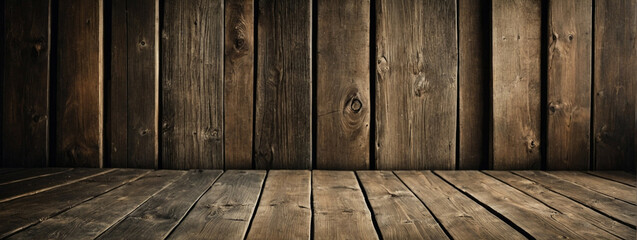 Rustic Wooden Table And Panelled Wall in a Dimly Lit Room - obrazy, fototapety, plakaty