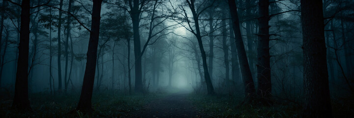 Misty Moonlit Path Through a Mysterious Forest at Night