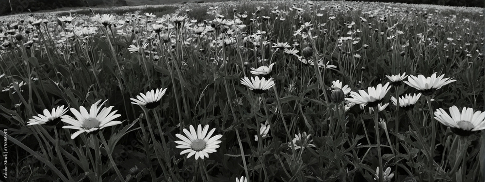 Wall mural field of daisies in black and white