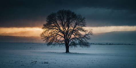 Lone Tree Stands in Snowy Field