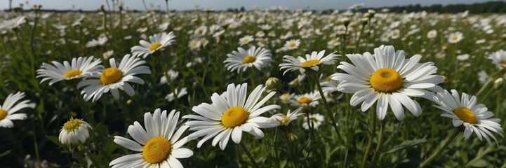 Obraz premium Field of White Daisy Blooms Under a Clear Sky