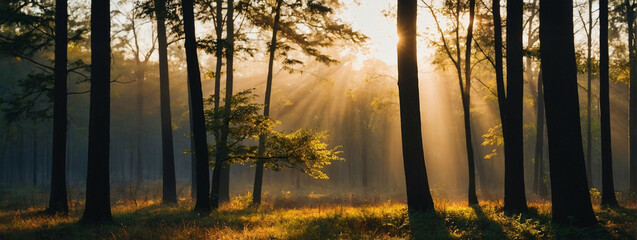 Golden Sunrise Filtering Through a Tranquil Forest at Dawn - obrazy, fototapety, plakaty